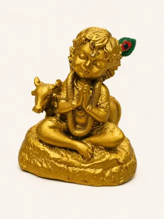 Golden Bal Krishna with cow resin decorative showpiece