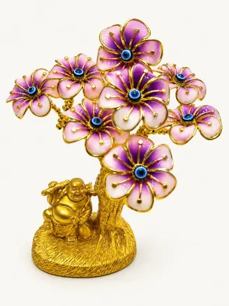 Feng Shui Laughing Buddha flower tree statue with colorful flowers