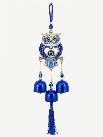 Handcrafted Evil Eye owl wind chime wall hanging with blue Nazar accents, three metallic bells, and decorative tassel, approximately 10-inch hanging décor for home entrance, living room, office, and balcony.