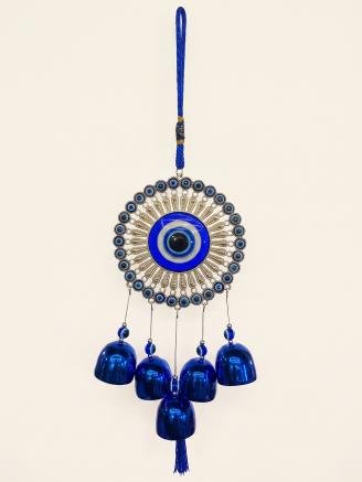 Handcrafted blue Evil Eye Nazar wind chime wall hanging with five glossy blue decorative bells and tassel, approximately 12-inch hanging décor for home entrance, living room, office, and balcony.