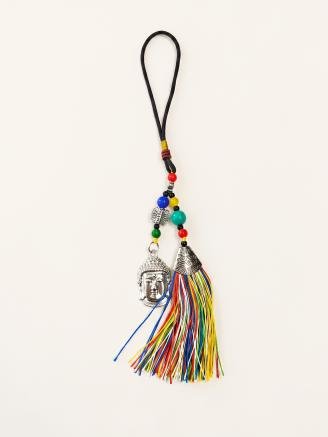 Handmade Buddha head tassel hanging charm with colorful Tibetan-inspired beads for car, home, office, bag, and wall décor