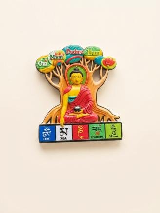 Handmade Buddha tree fridge magnet featuring the Om Mani Padme Hum mantra
