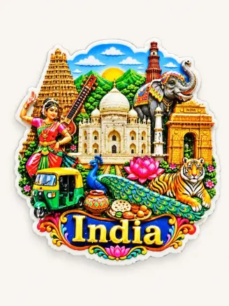Colorful India souvenir resin fridge magnet featuring Indian landmarks and cultural elements