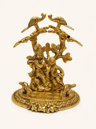 Golden Radha Krishna with peacocks metal decorative showpiece