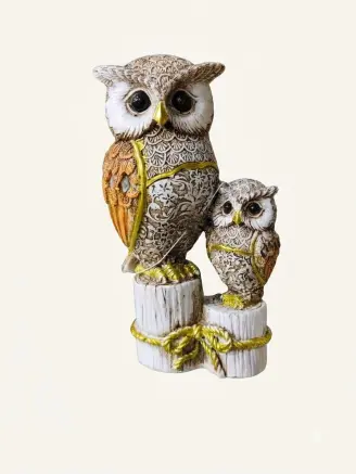 Resin Mother and Baby Owl Showpiece in Antique White and Gold
